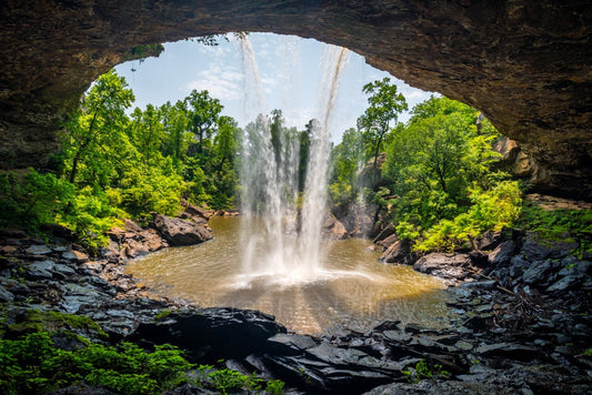 Noccalula Falls Park,Spring,Waterfalls,Gadsden,Alabama,Black Creek Gorge, Hiking, Behind The Waterfall,Photograph Print,Metal,Frannie Dilley