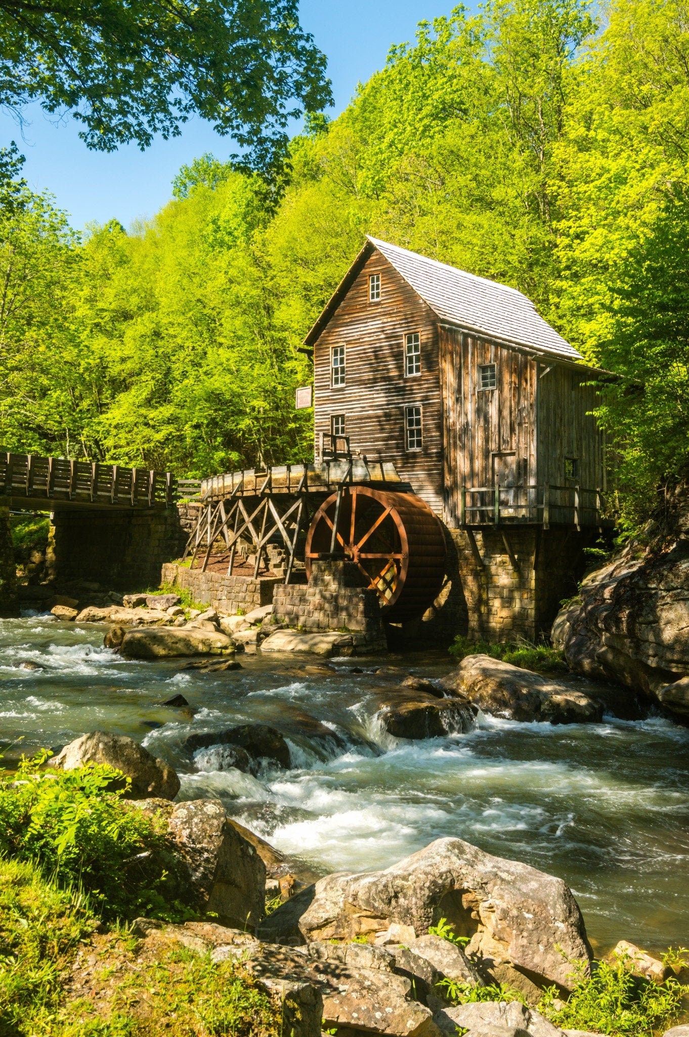 Babcock State Park, Grist Mill, River, Waterfall, Bridge, Spring, Clifftop, West Virginia, Landscape Photograph,.